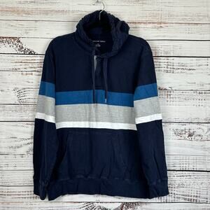 Mens Retro American Eagle Navy Blue Striped Cotton Pullover Hooded Sweatshirt L